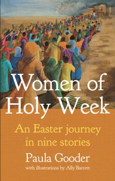 Women of Holy Week Front Cover. A long line of women in tradittonal but very coloured holy land dress, stretching through the middle of a desert.